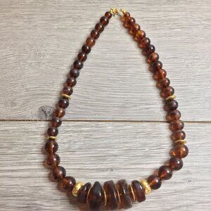Amber Beaded Necklace With Goldtone Accents & Barrel Design With Lobster Clasp